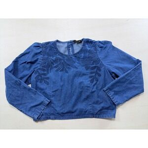 Broadway Blue Denim Embroidered‎ Blouse Puff Sleeve Smocked Back Top Size L